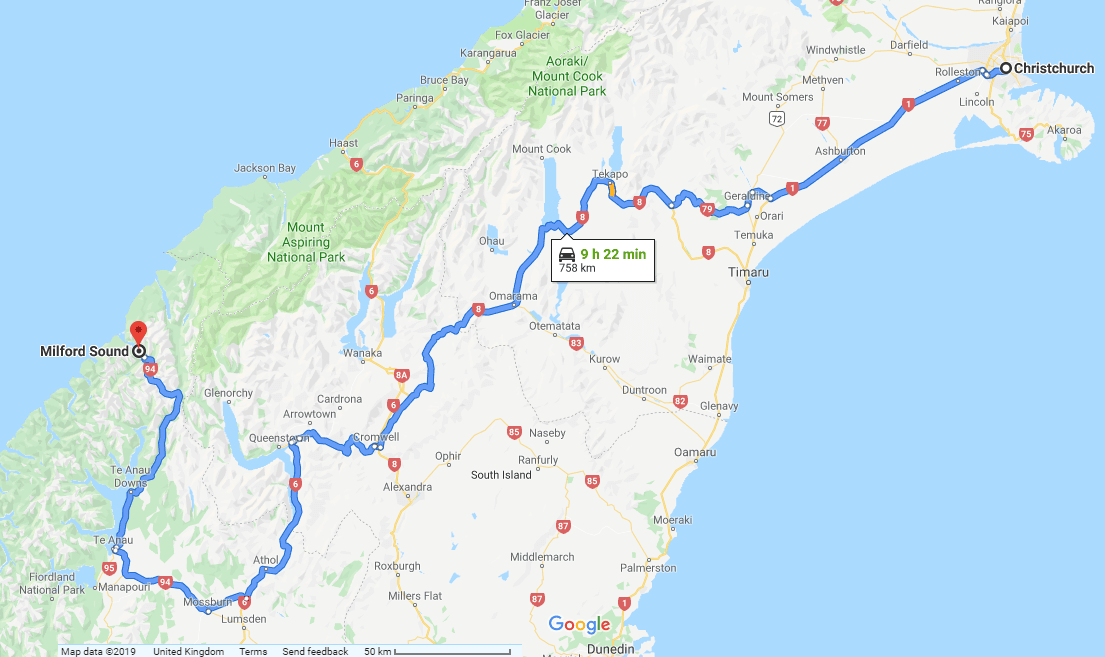 Directions from Christchurch to Milford Sound - New Zealand
