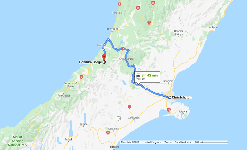 Directions from Christchurch to Hokitika Gorge - New Zealand