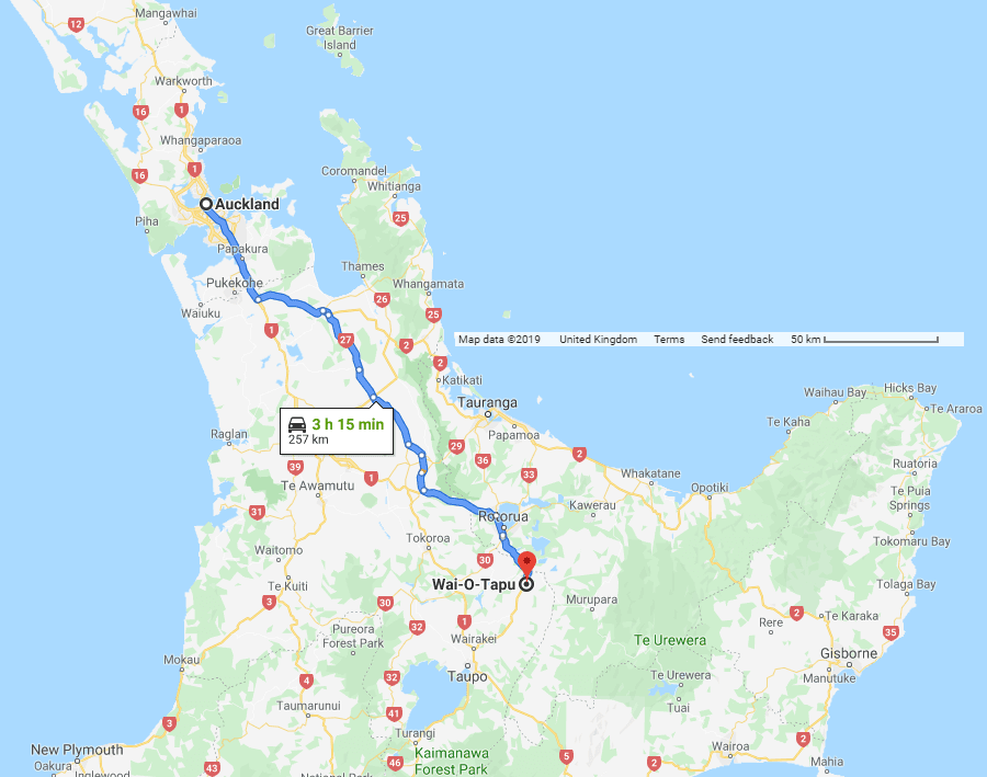 Directions from Auckland to Wai-O-Tapu - New Zealand