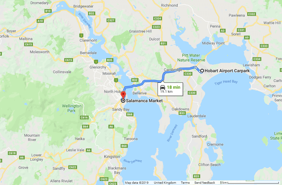 Directions from Hobart Airport Car Park to Salamanca Market - Tasmania