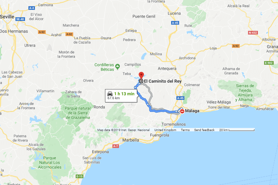 Map from Malaga to The Caminito Del Rey