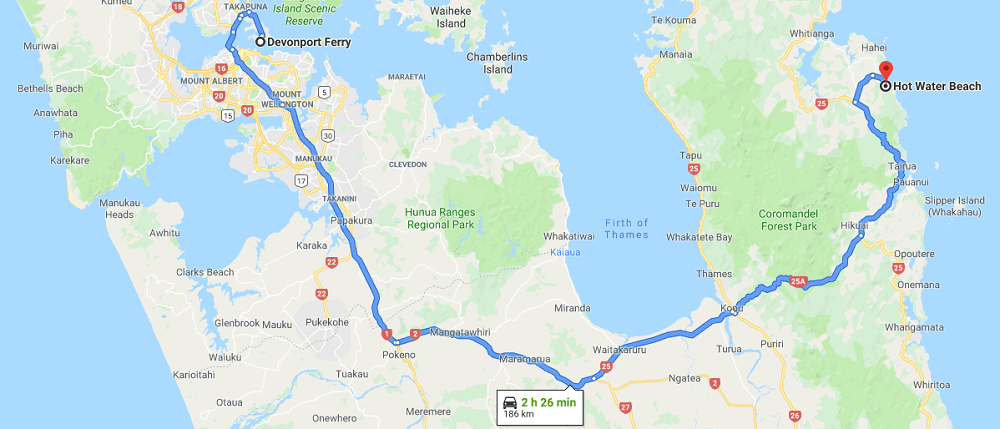 Map from Devonport Ferry Terminal to Hot Water Beach - New Zealand